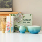 Colorful 6-piece ceramic matcha bowl set featuring unique spouts for easy pouring. Each bowl displays vibrant, hand-painted patterns, perfect for tea 0