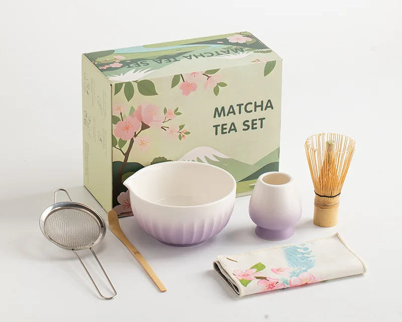 Colorful 6-piece ceramic matcha bowl set featuring unique spouts for easy pouring. Each bowl displays vibrant, hand-painted patterns, perfect for tea 5