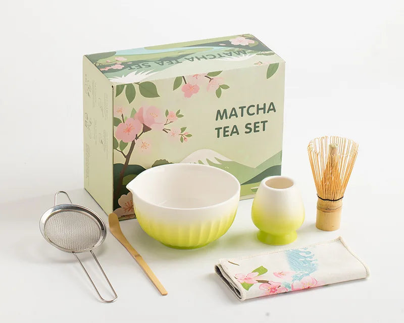 Colorful 6-piece ceramic matcha bowl set featuring unique spouts for easy pouring. Each bowl displays vibrant, hand-painted patterns, perfect for tea 6