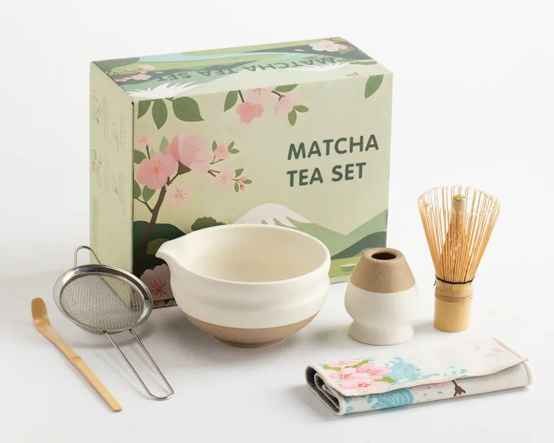 Elegant ceramic matcha tea set featuring a smooth green bowl, bamboo whisk, spoon, and matching accessories, perfect for preparing traditional matcha. The set 6