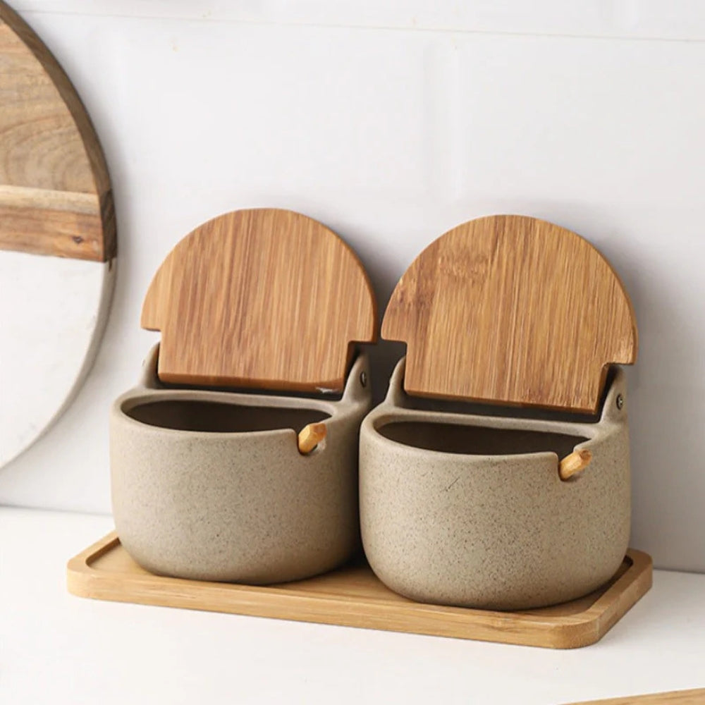 Ceramic Spice Jars Set with Bamboo Lids – Elegant Kitchen Storage Solution 0