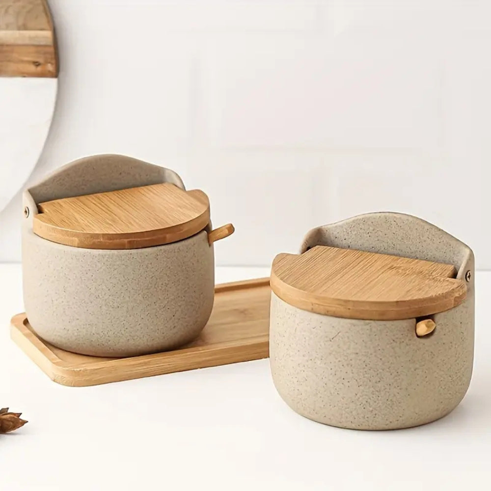 Ceramic Spice Jars Set with Bamboo Lids – Elegant Kitchen Storage Solution 1