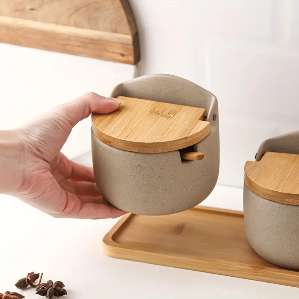 Ceramic Spice Jars Set with Bamboo Lids – Elegant Kitchen Storage Solution 3