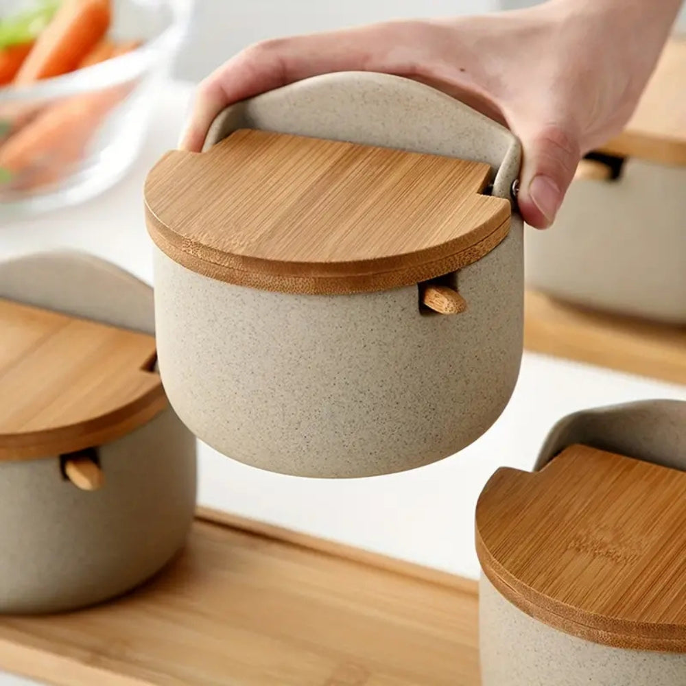 Ceramic Spice Jars Set with Bamboo Lids – Elegant Kitchen Storage Solution 4