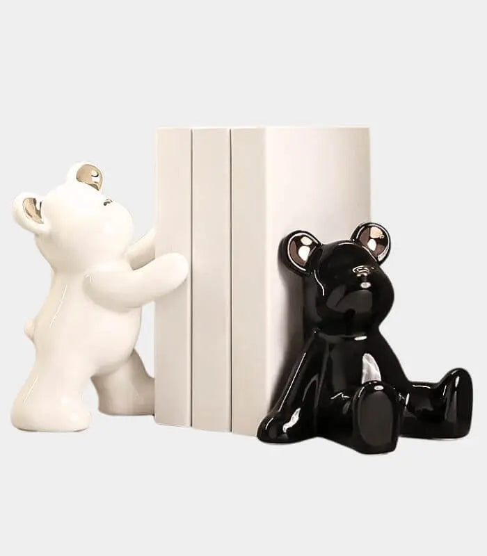 Ceramic bookends – Playful teddy bear design – Black and white with gold detailing – Charming decorative bookends for any room 0