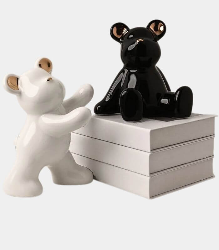Ceramic bookends – Playful teddy bear design – Black and white with gold detailing – Charming decorative bookends for any room 2