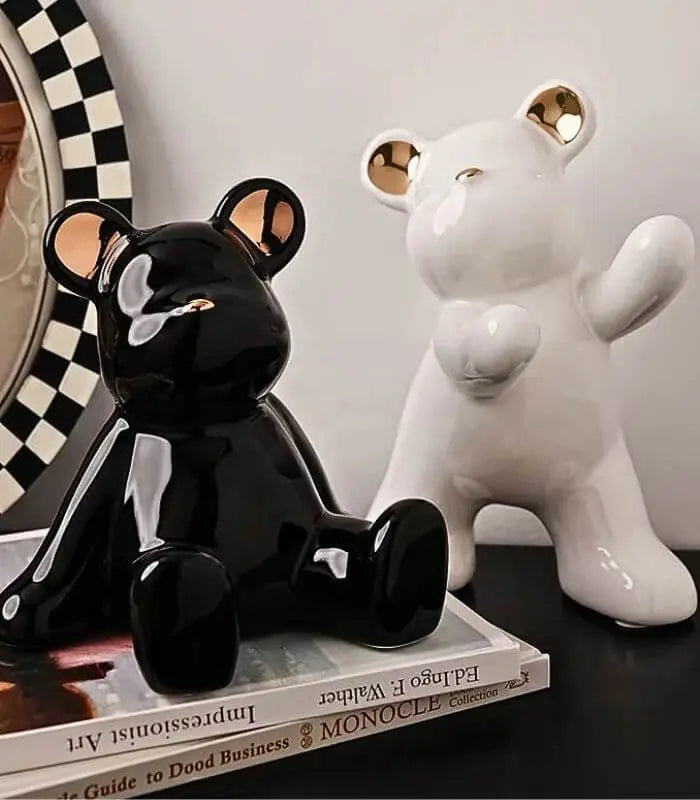 Ceramic bookends – Playful teddy bear design – Black and white with gold detailing – Charming decorative bookends for any room 3