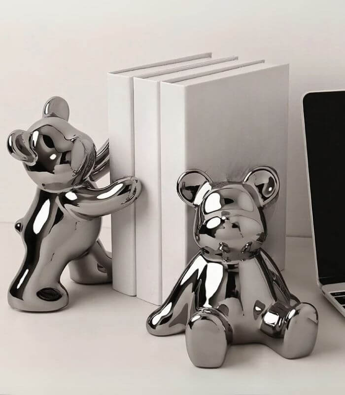 Ceramic bookends – Playful teddy bear design – Black and white with gold detailing – Charming decorative bookends for any room 5