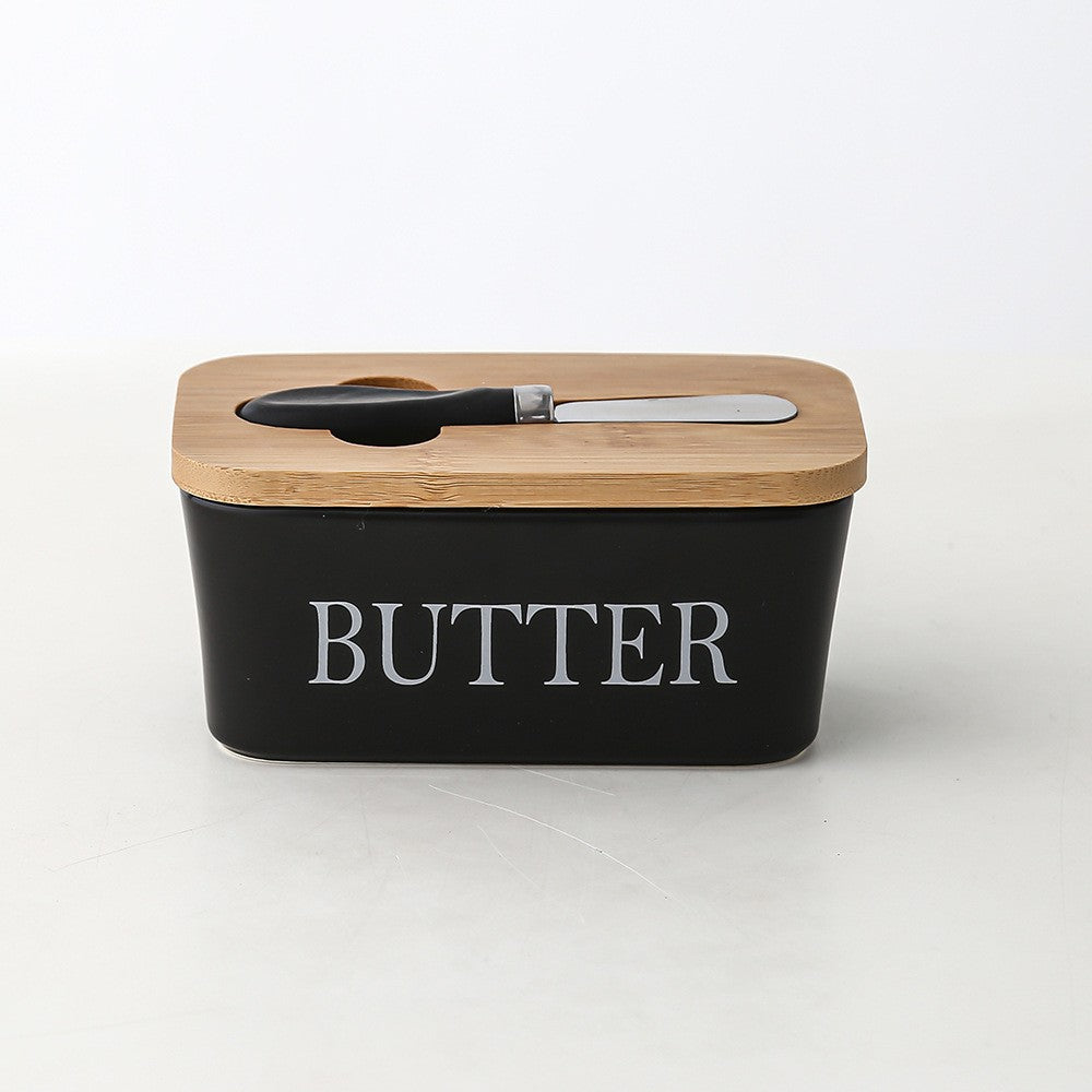 Ceramic butter dish – Bamboo lid – Built-in knife – Stylish kitchen accessory 0