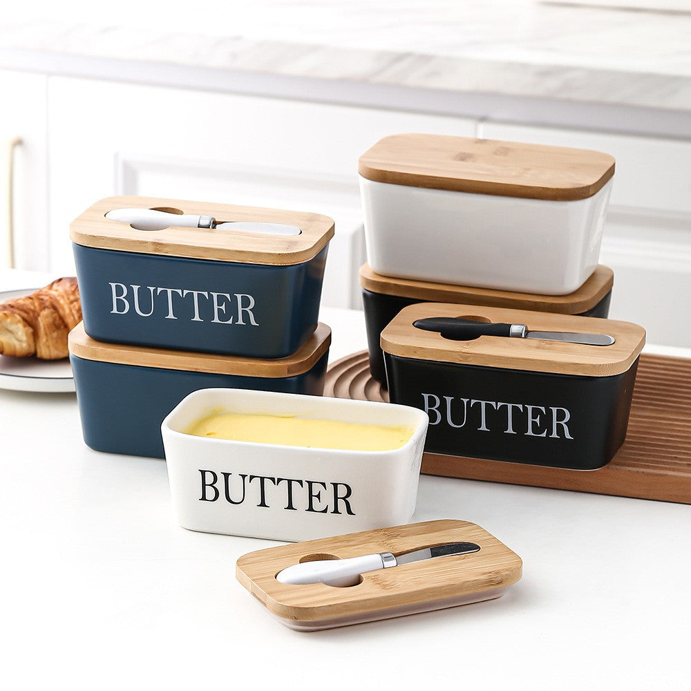 Ceramic butter dish – Bamboo lid – Built-in knife – Stylish kitchen accessory 1
