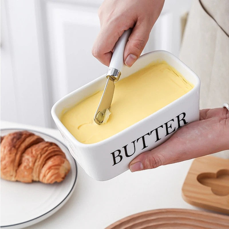 Ceramic butter dish – Bamboo lid – Built-in knife – Stylish kitchen accessory 2