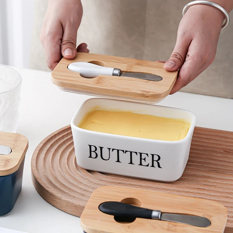 Ceramic butter dish – Bamboo lid – Built-in knife – Stylish kitchen accessory 3