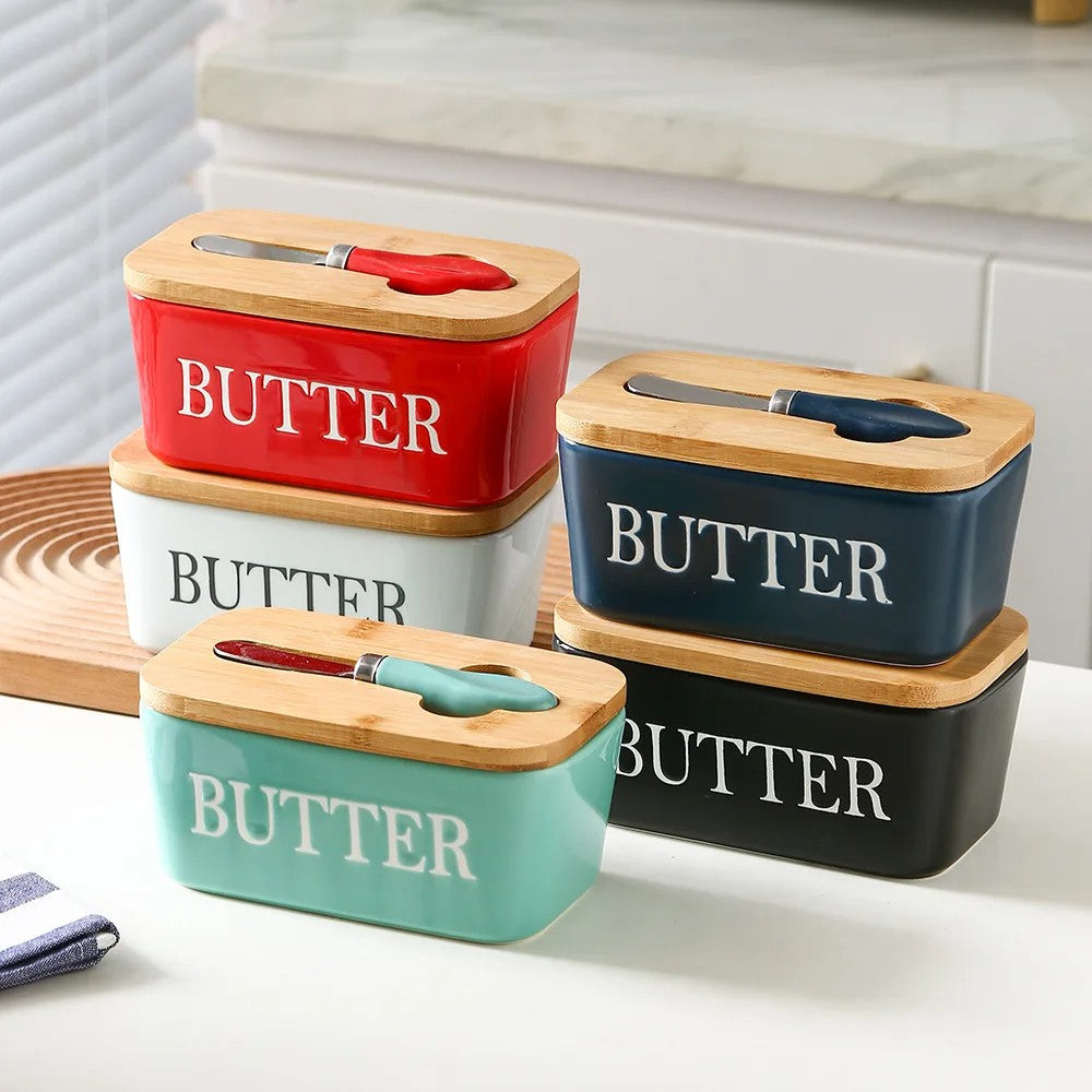 Ceramic butter dish – Bamboo lid – Built-in knife – Stylish kitchen accessory 4