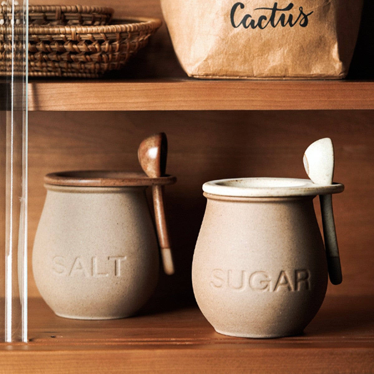 Ceramic canister set – Japanese-inspired design – Sugar and salt jars – Includes lid and spoon – 15.2 oz capacity 1