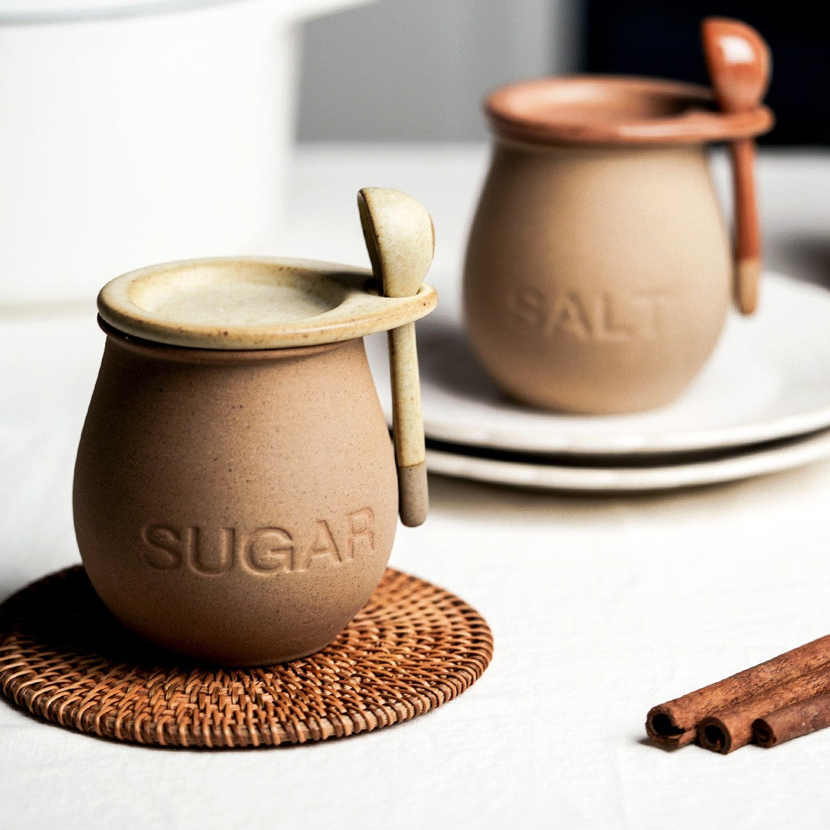 Ceramic canister set – Japanese-inspired design – Sugar and salt jars – Includes lid and spoon – 15.2 oz capacity 5