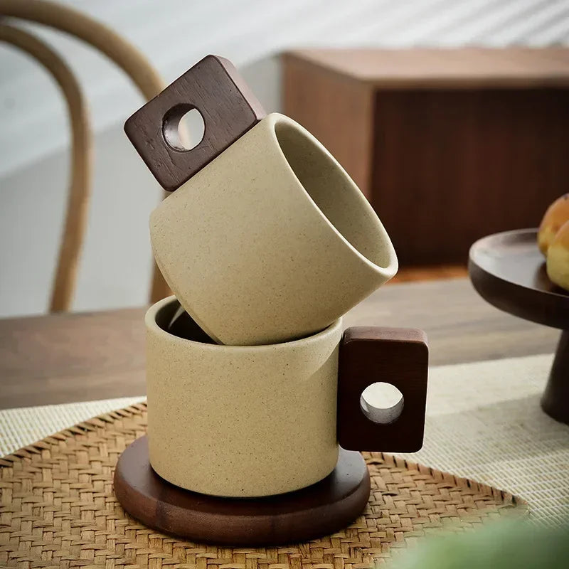 Ceramic coffee cup – Vintage design – Wooden handle – 300 ml – Elegant home or office mug 0