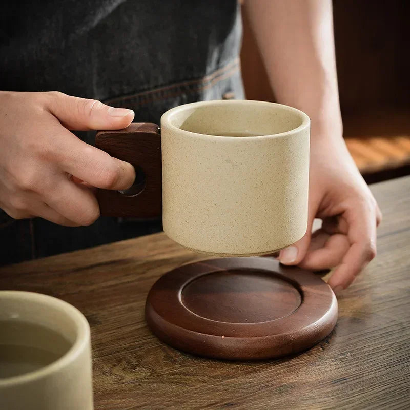 Ceramic coffee cup – Vintage design – Wooden handle – 300 ml – Elegant home or office mug 1