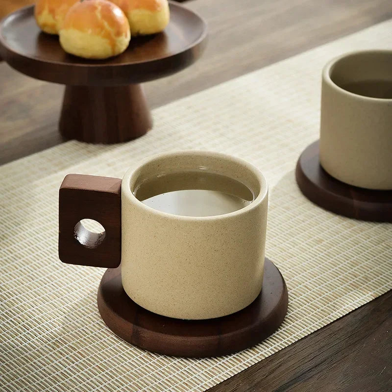 Ceramic coffee cup – Vintage design – Wooden handle – 300 ml – Elegant home or office mug 3