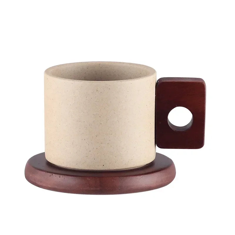 Ceramic coffee cup – Vintage design – Wooden handle – 300 ml – Elegant home or office mug 4