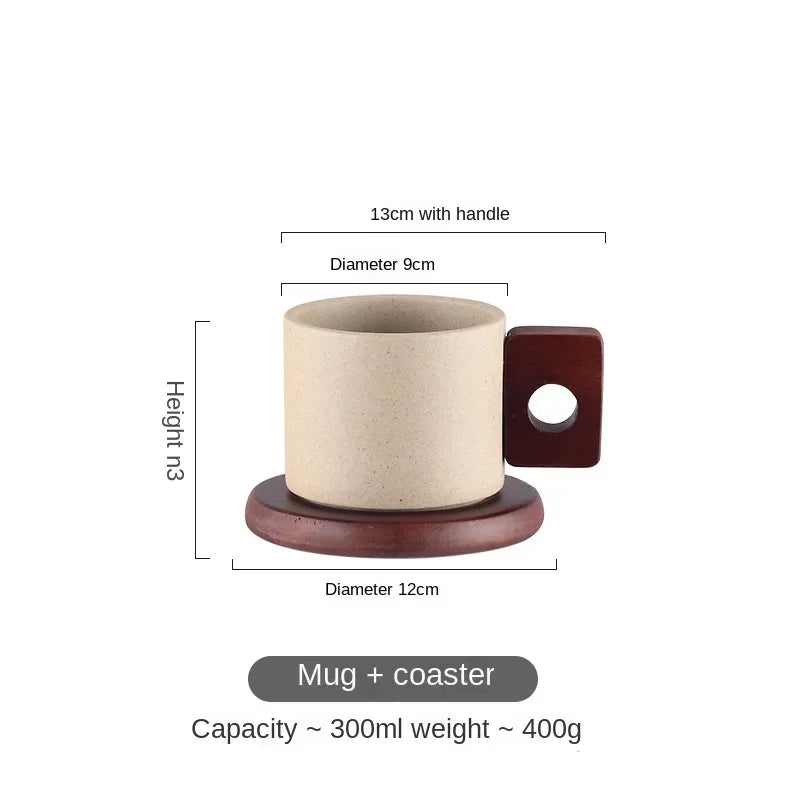 Ceramic coffee cup – Vintage design – Wooden handle – 300 ml – Elegant home or office mug 5