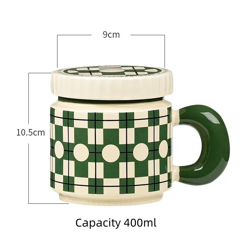 Ceramic coffee mug with lid – Handmade – Checkerboard flower pattern – 400 ml – Perfect for coffee or tea 5