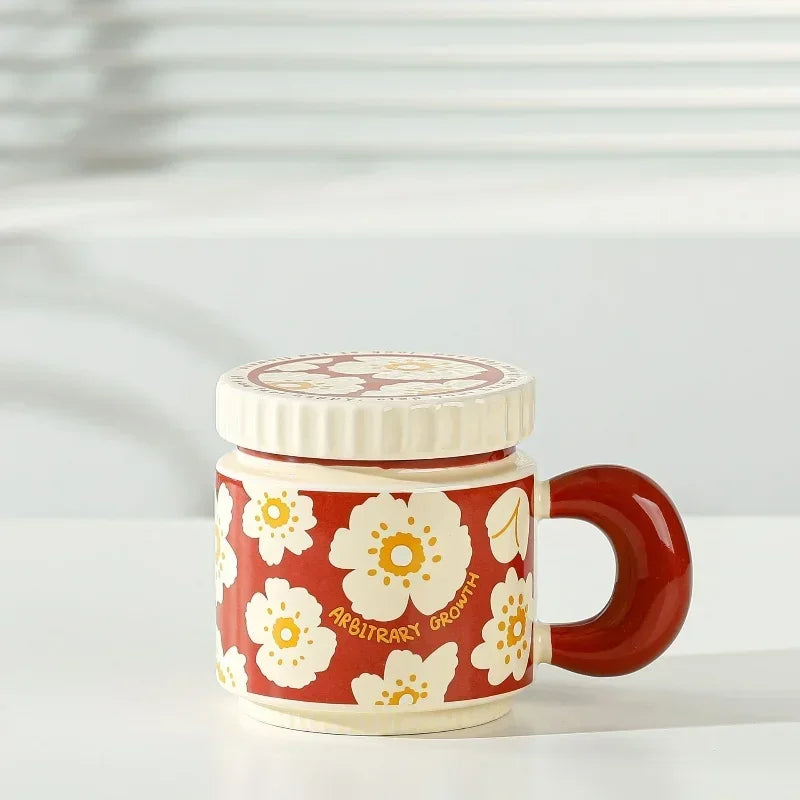Ceramic coffee mug with lid – Handmade – Checkerboard flower pattern – 400 ml – Perfect for coffee or tea 7