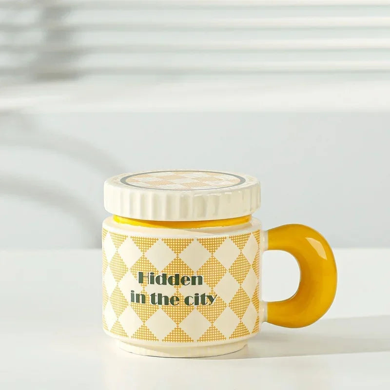 Ceramic coffee mug with lid – Handmade – Checkerboard flower pattern – 400 ml – Perfect for coffee or tea 9