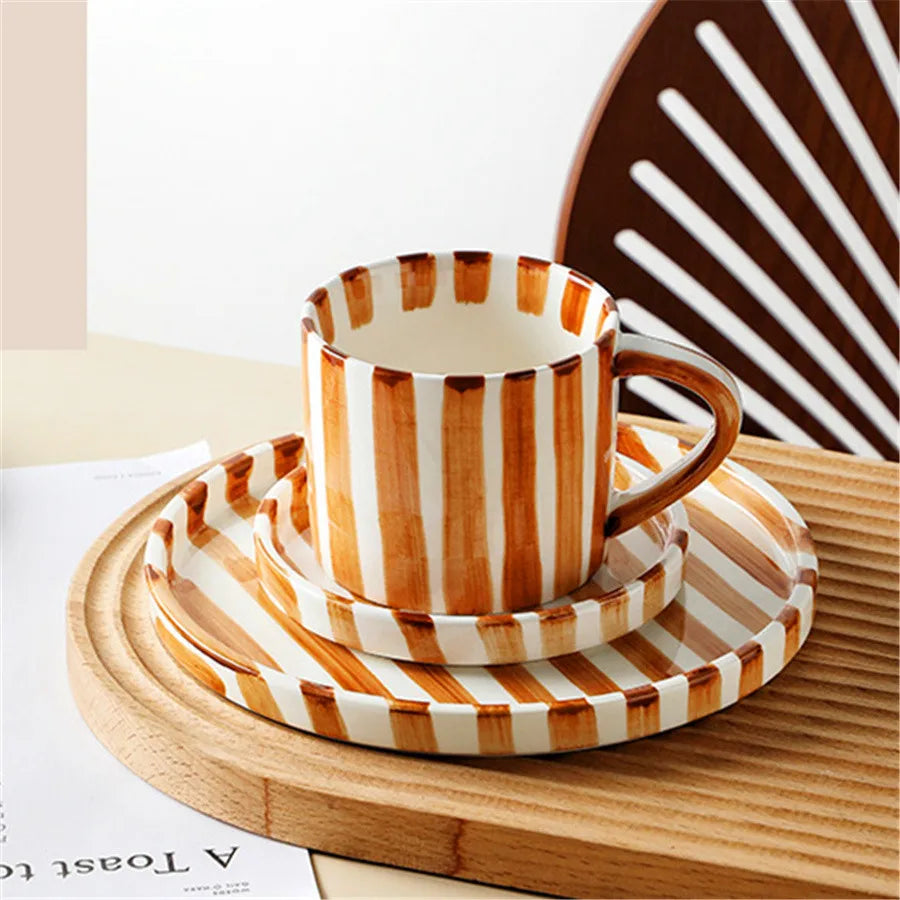 Ceramic cup and plate set – Minimalist striped design – 9.5 oz – Perfect for tea and coffee 0