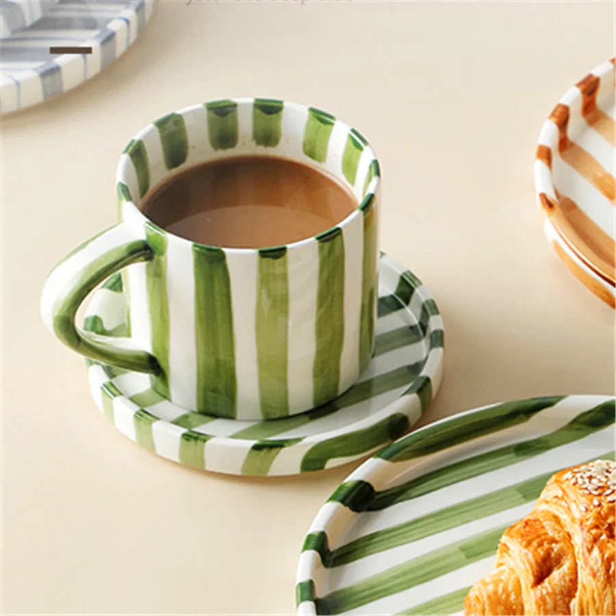 Ceramic cup and plate set – Minimalist striped design – 9.5 oz – Perfect for tea and coffee 1
