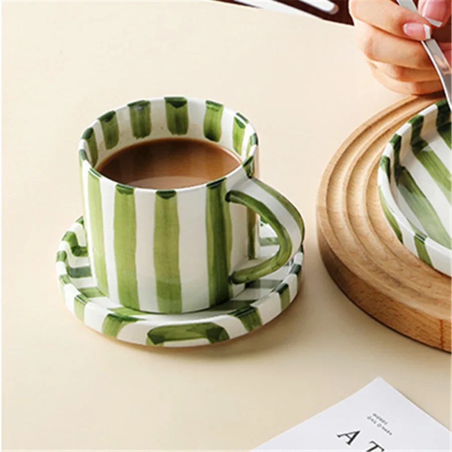 Ceramic cup and plate set – Minimalist striped design – 9.5 oz – Perfect for tea and coffee 2