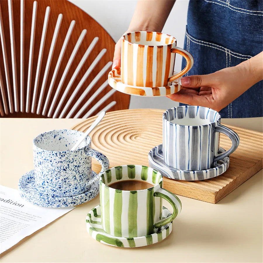 Ceramic cup and plate set – Minimalist striped design – 9.5 oz – Perfect for tea and coffee 3