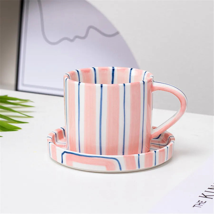 Ceramic cup and plate set – Minimalist striped design – 9.5 oz – Perfect for tea and coffee 4