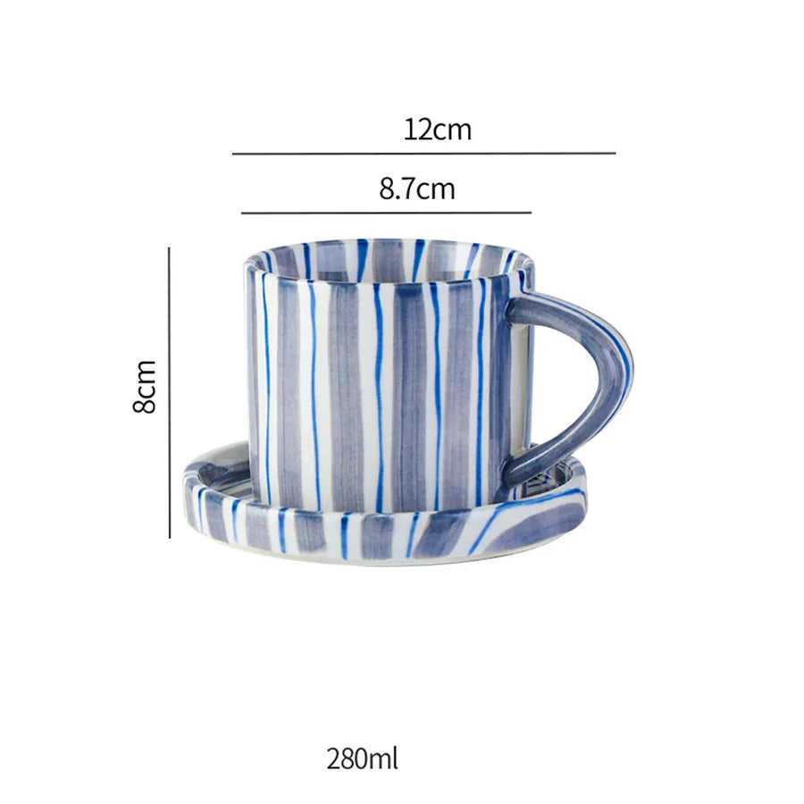 Ceramic cup and plate set – Minimalist striped design – 9.5 oz – Perfect for tea and coffee 8