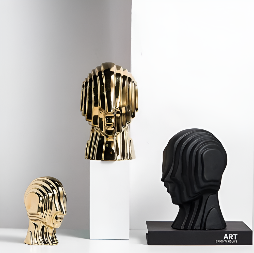 Ceramic head figure – Geometric design – Gold fringe accent – Unique home decor piece – 5.5 x 6.7 in or 7.5 x 9.8 in 1