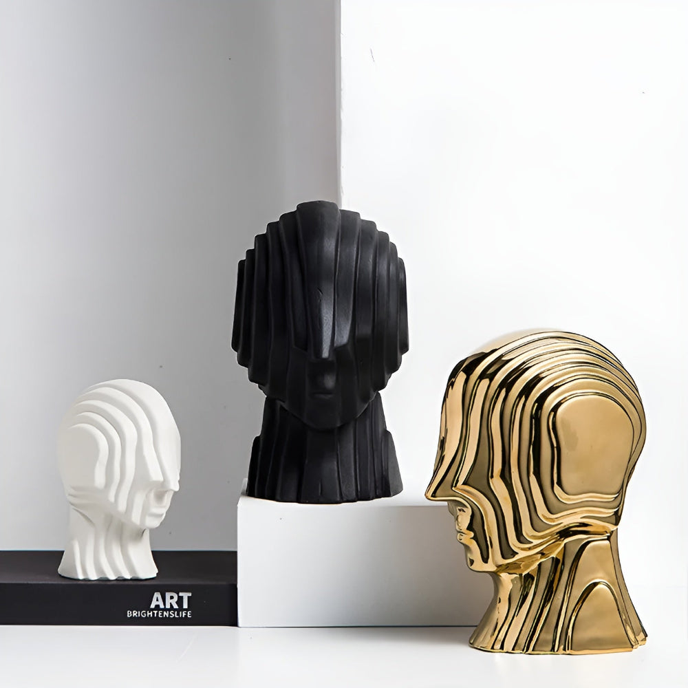 Ceramic head figure – Geometric design – Gold fringe accent – Unique home decor piece – 5.5 x 6.7 in or 7.5 x 9.8 in 2