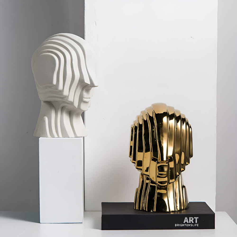 Ceramic head figure – Geometric design – Gold fringe accent – Unique home decor piece – 5.5 x 6.7 in or 7.5 x 9.8 in 3