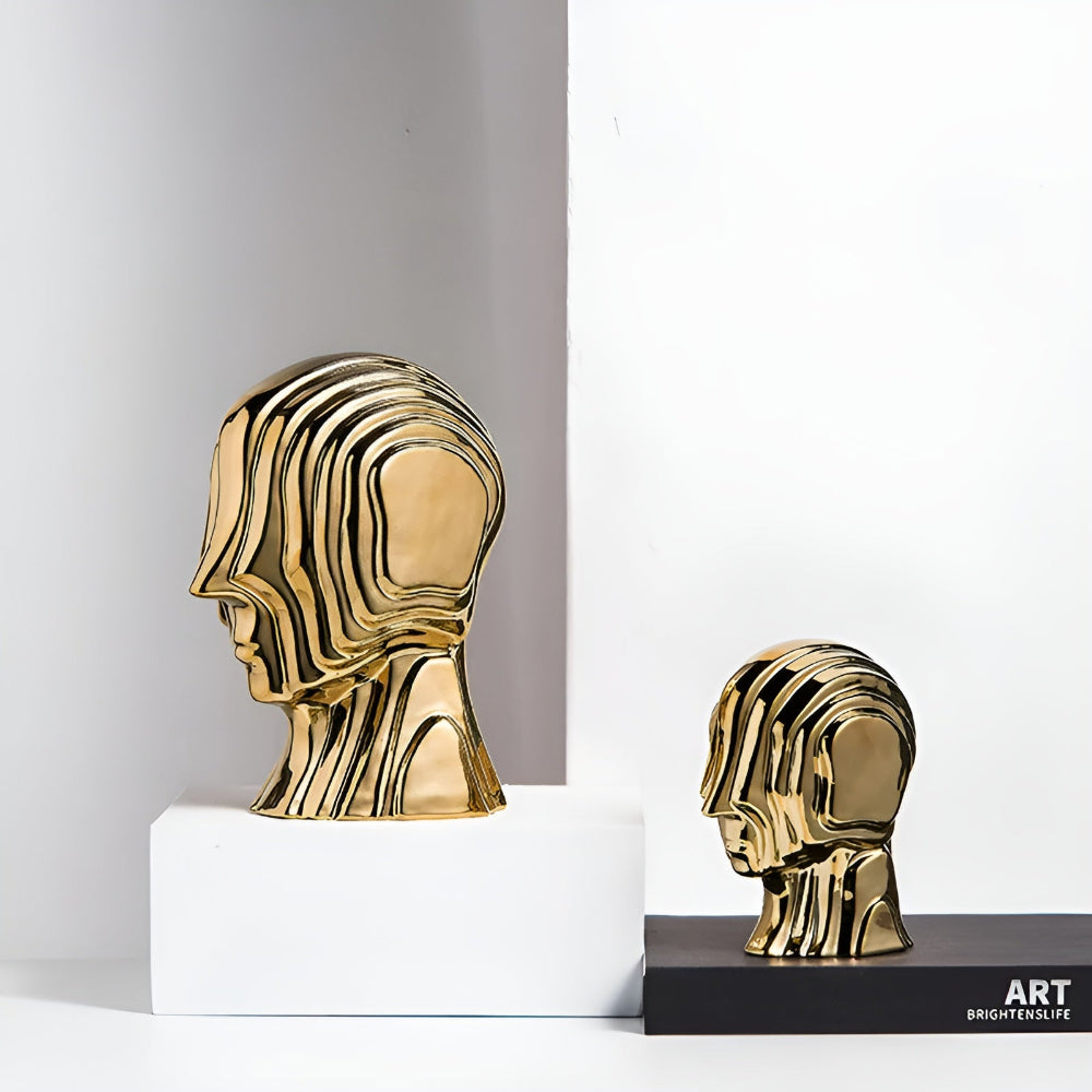 Ceramic head figure – Geometric design – Gold fringe accent – Unique home decor piece – 5.5 x 6.7 in or 7.5 x 9.8 in 4