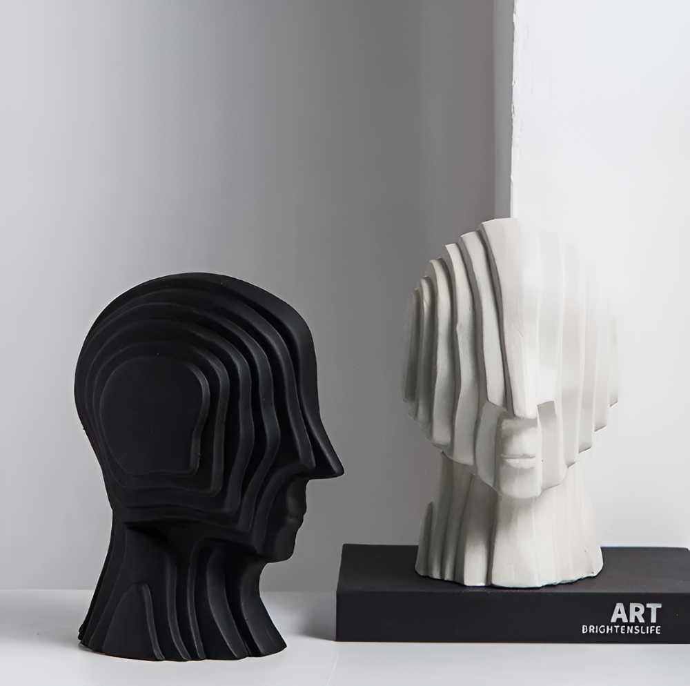 Ceramic head figure – Geometric design – Gold fringe accent – Unique home decor piece – 5.5 x 6.7 in or 7.5 x 9.8 in 6