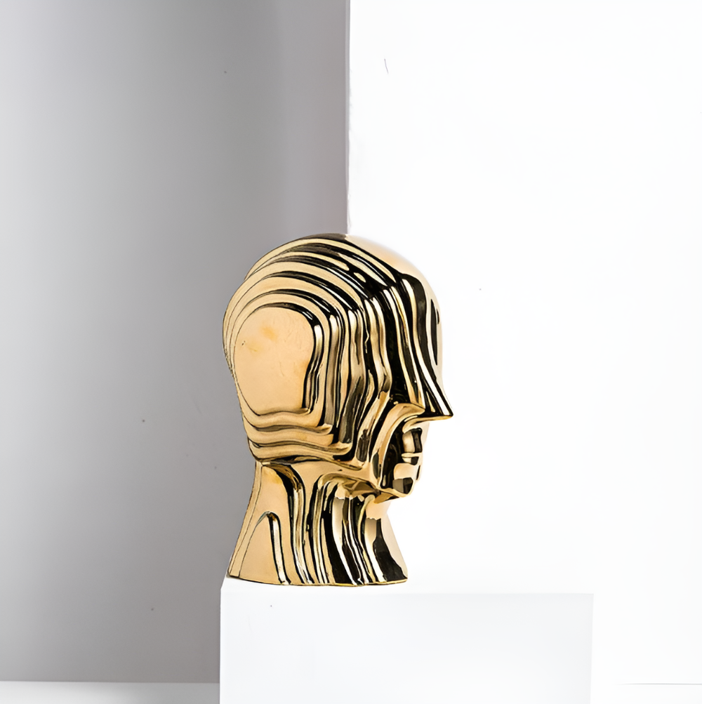 Ceramic head figure – Geometric design – Gold fringe accent – Unique home decor piece – 5.5 x 6.7 in or 7.5 x 9.8 in 7