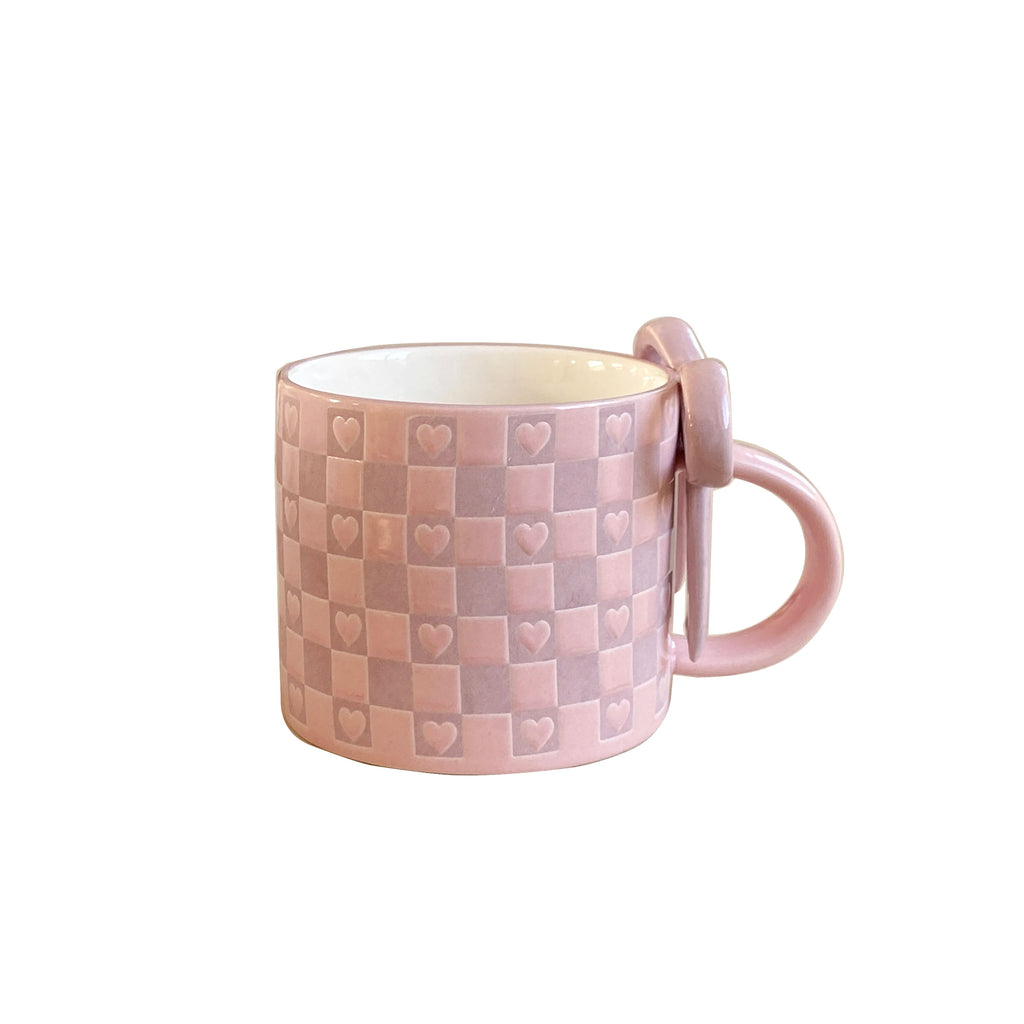 Ceramic mug – Heart-shaped bow handle – Checkerboard pattern – Unique gift for coffee lovers 6
