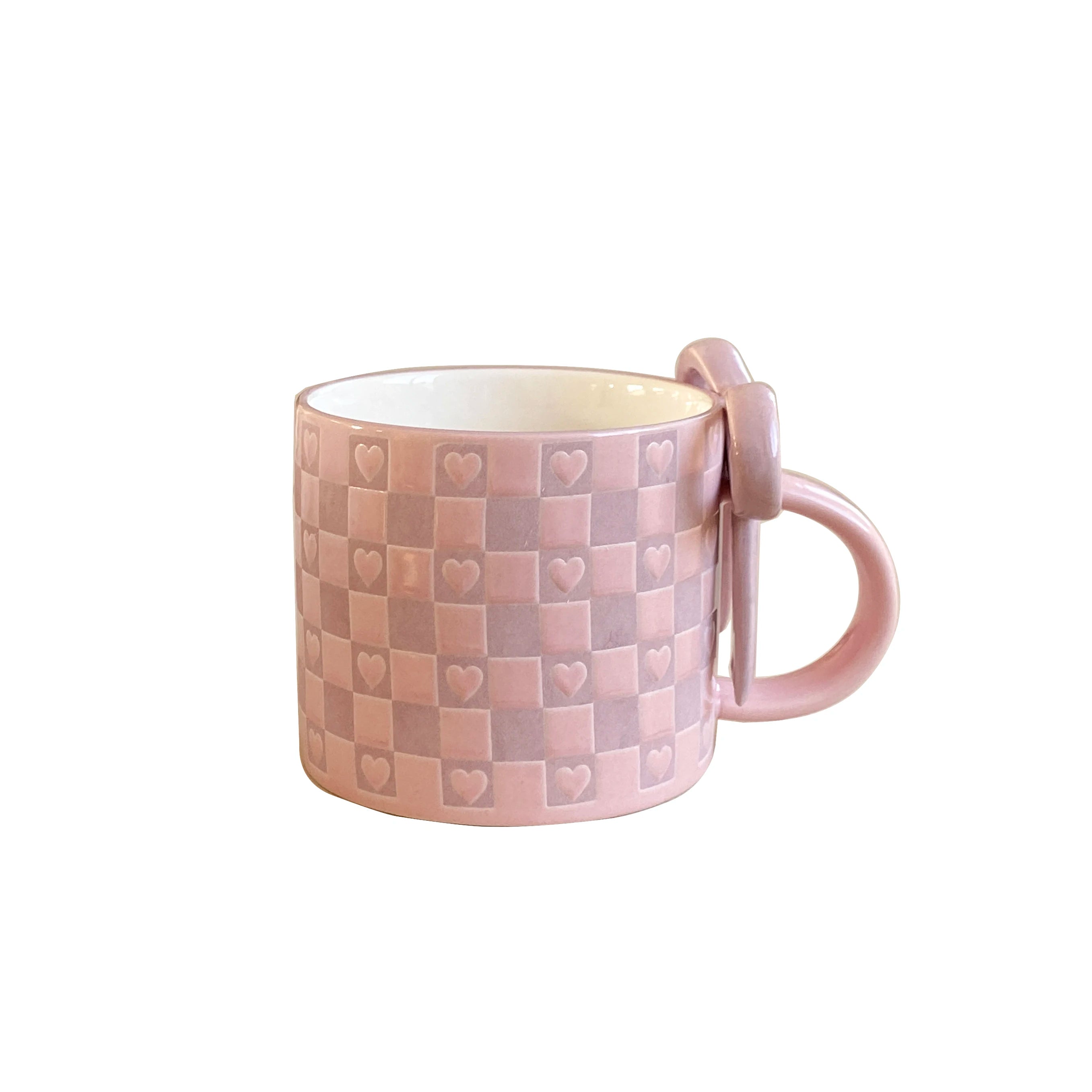 Ceramic mug – Heart-shaped bow handle – Checkerboard pattern – Unique gift for coffee lovers 6