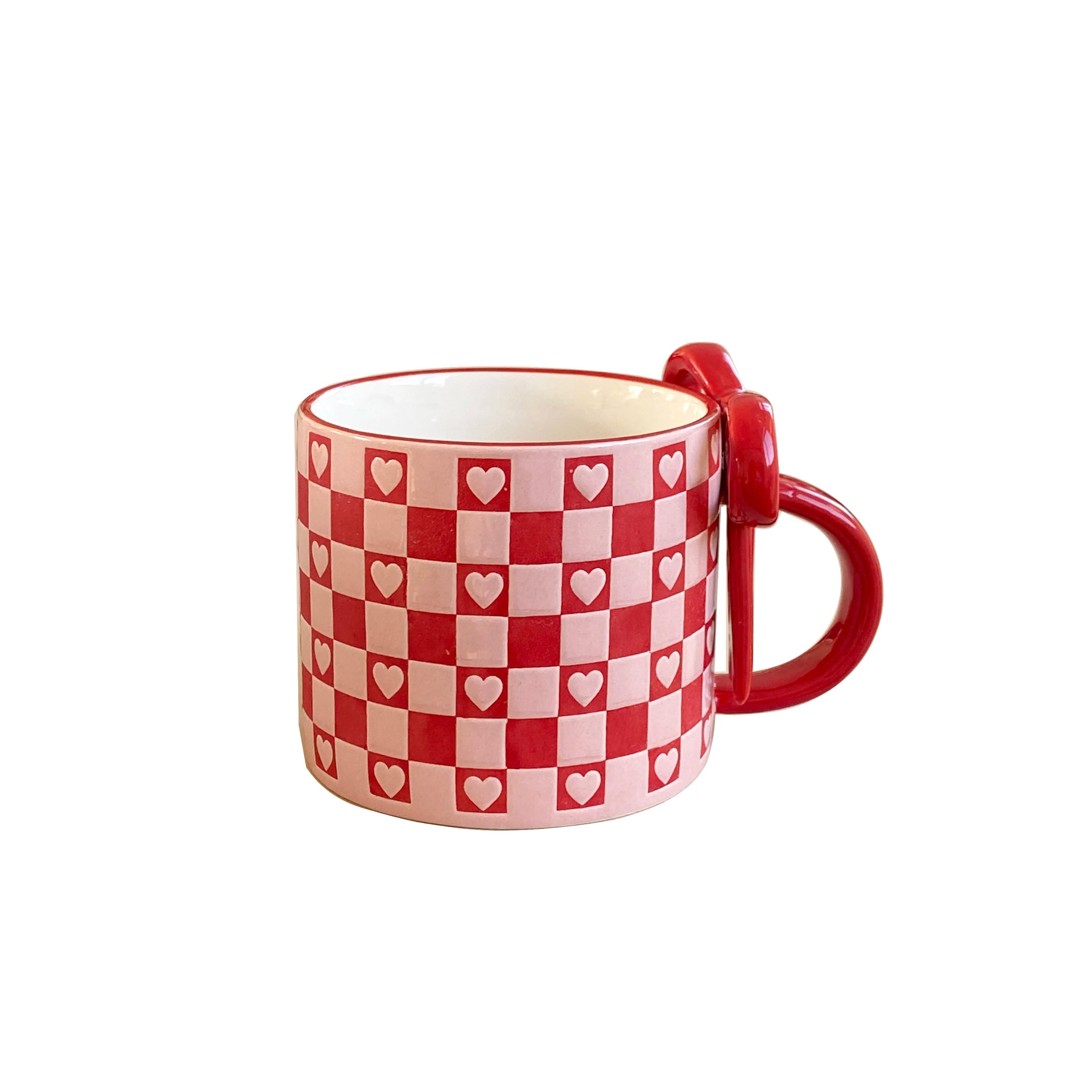 Ceramic mug – Heart-shaped bow handle – Checkerboard pattern – Unique gift for coffee lovers 7