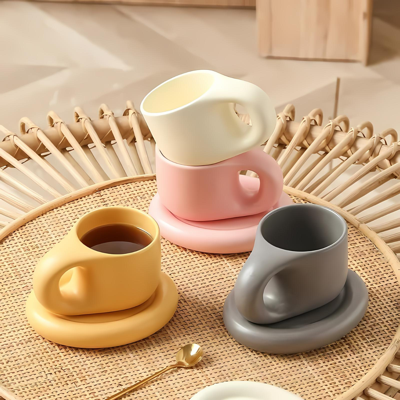 Ceramic mug – Marshmallow-inspired design – 400 ml – Includes oval plate for snacks 2