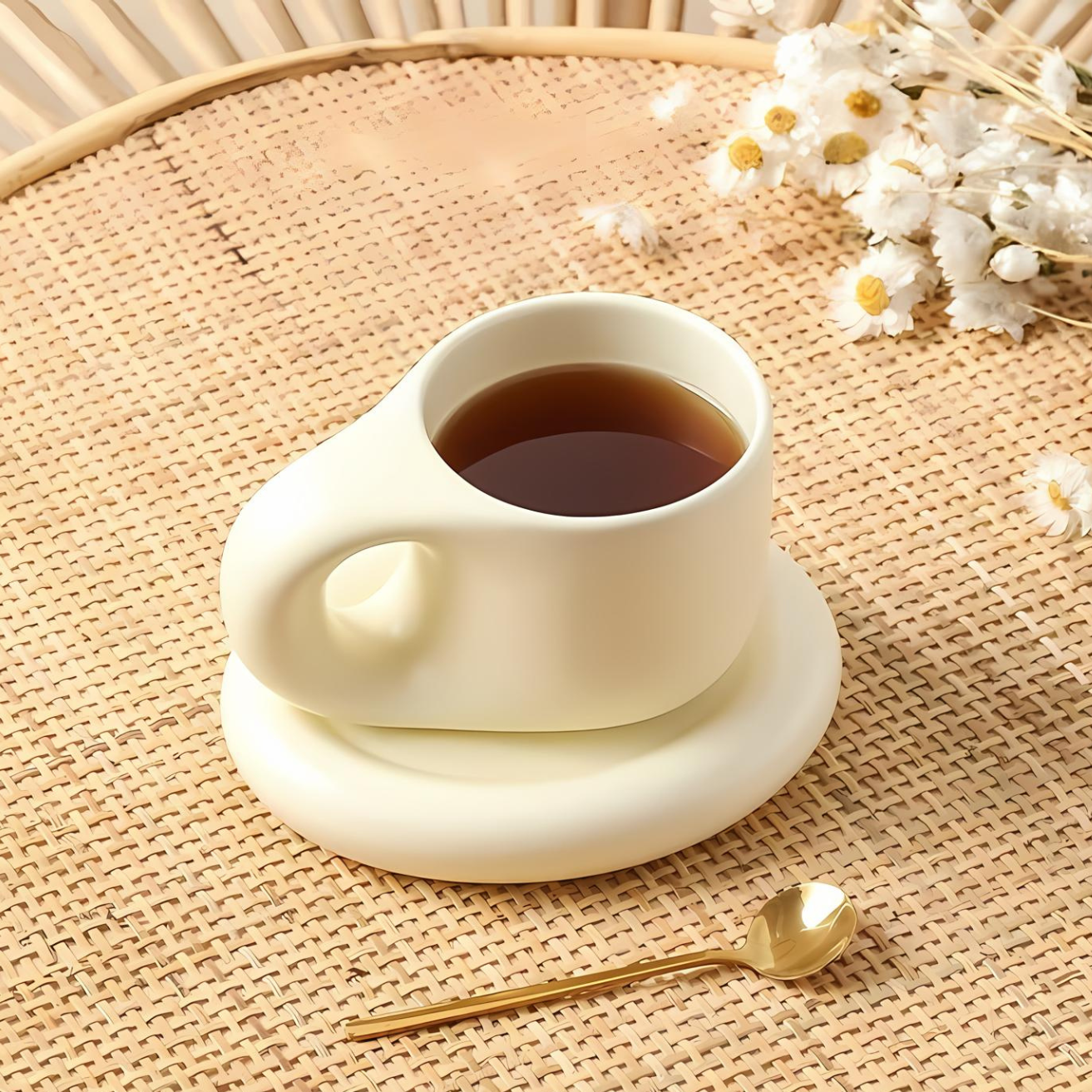 Ceramic mug – Marshmallow-inspired design – 400 ml – Includes oval plate for snacks 3