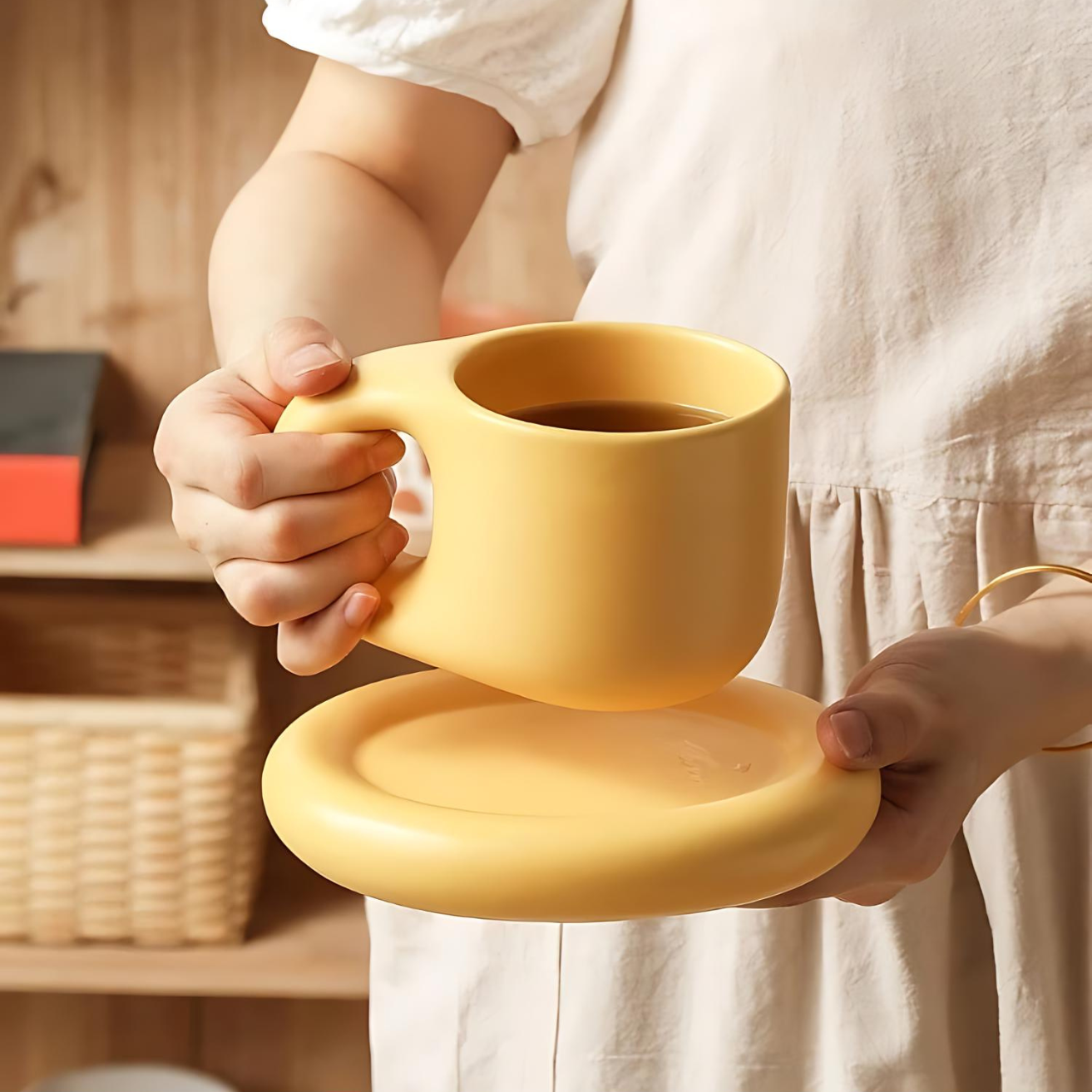 Ceramic mug – Marshmallow-inspired design – 400 ml – Includes oval plate for snacks 4