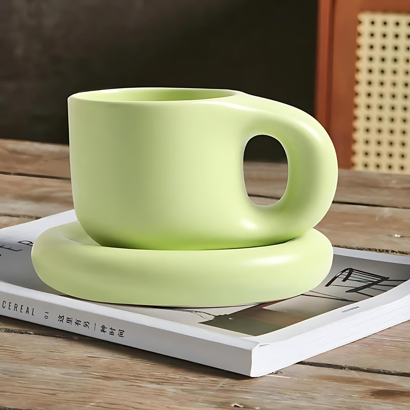 Ceramic mug – Marshmallow-inspired design – 400 ml – Includes oval plate for snacks 7