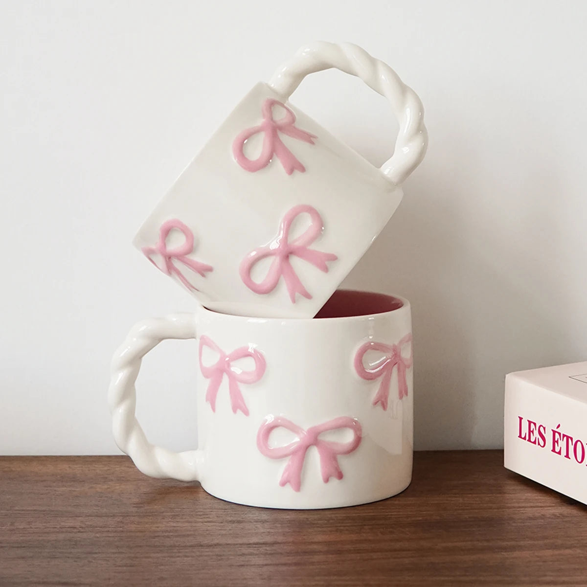 Ceramic mug – Pink embossed design – 13.4 fl oz – Elegant twist handle – Perfect for coffee or tea 0