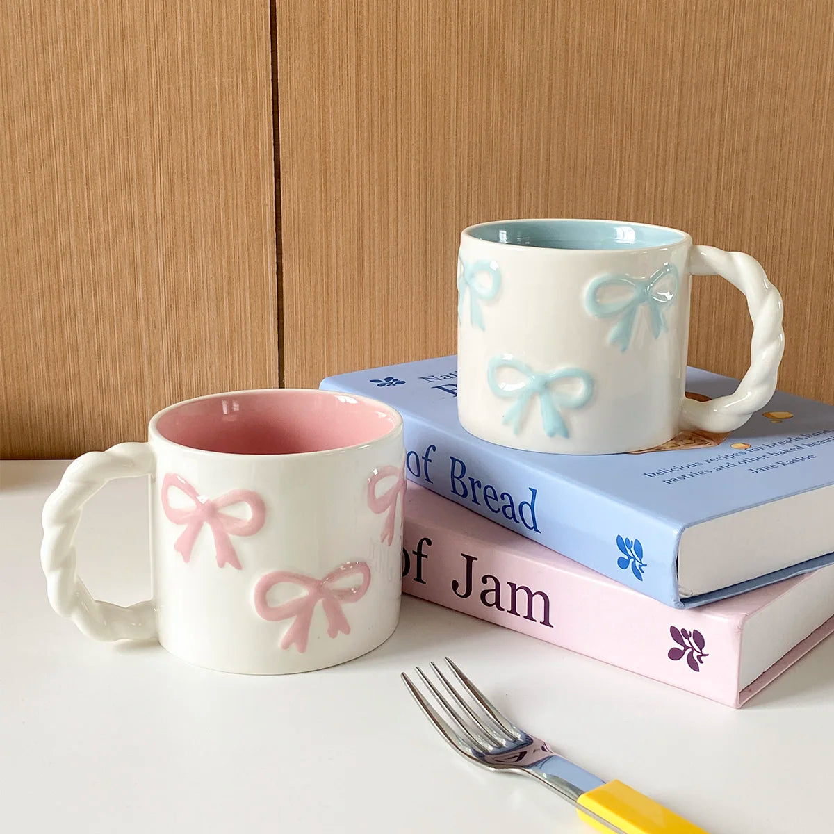 Ceramic mug – Pink embossed design – 13.4 fl oz – Elegant twist handle – Perfect for coffee or tea 1