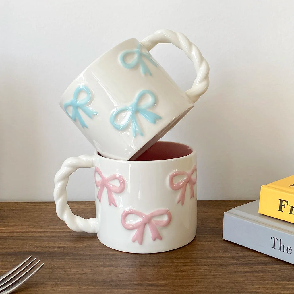 Ceramic mug – Pink embossed design – 13.4 fl oz – Elegant twist handle – Perfect for coffee or tea 3