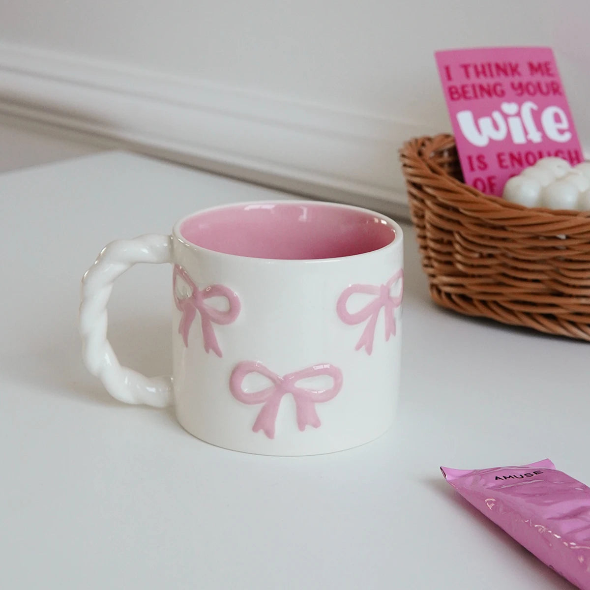 Ceramic mug – Pink embossed design – 13.4 fl oz – Elegant twist handle – Perfect for coffee or tea 6